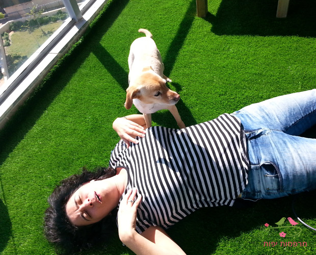 מיכל שלוין מתענגת על הדשא הסינטטי במרפסת שלה